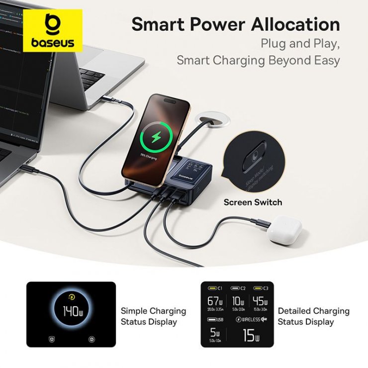 Imagine Incarcator priza USB-A + 2 x USB-C + incarcare wireless + cablu USB type C 140W Nomos, Baseus P10170902123-00