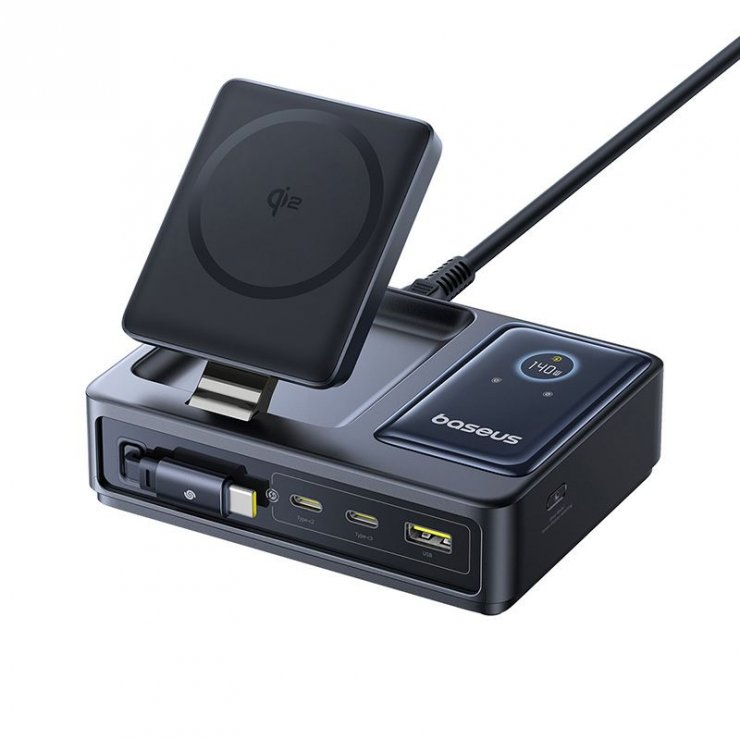 Imagine Incarcator priza USB-A + 2 x USB-C + incarcare wireless + cablu USB type C 140W Nomos, Baseus P10170902123-00