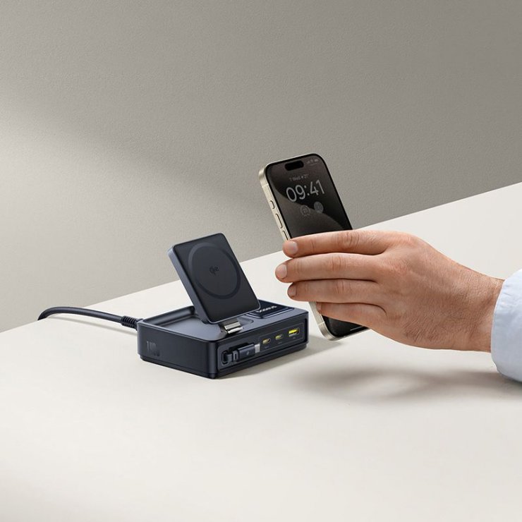 Imagine Incarcator priza USB-A + 2 x USB-C + incarcare wireless + cablu USB type C 140W Nomos, Baseus P10170902123-00