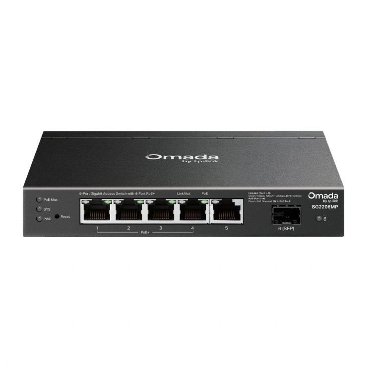 Imagine Switch Omada Access 6 porturi Gigabit (din care 4 x PoE+ si 1 x SFP), TP-LINK SG2206MP