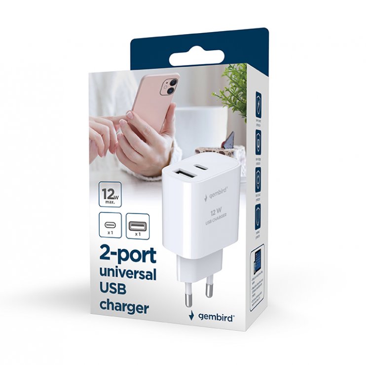 Imagine Incarcator priza 1 x USB-A + 1 x USB type C 2.4A Alb, Gembird TA-UC-2AC12-01