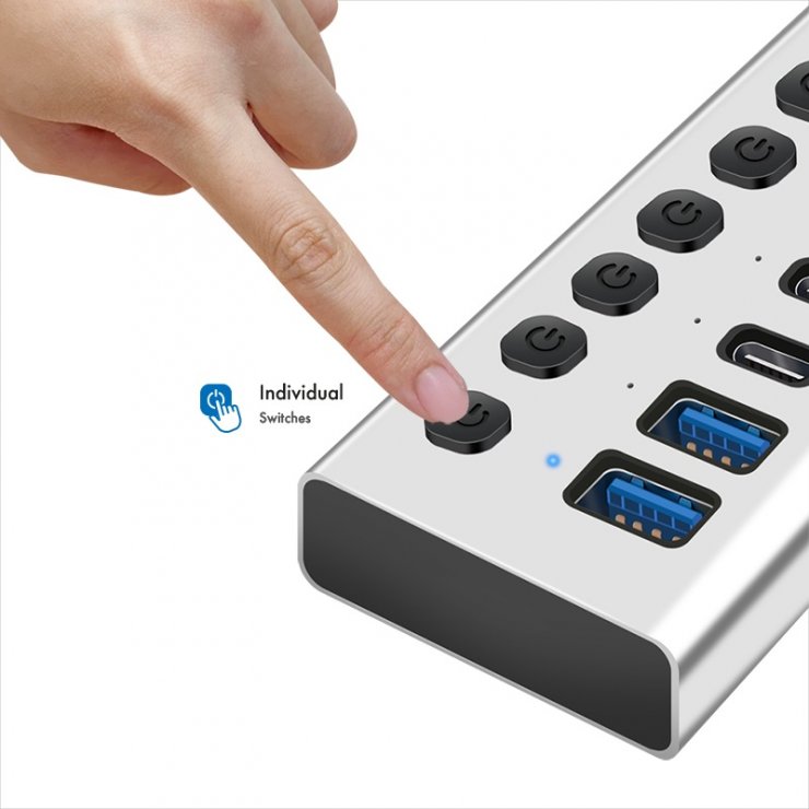 Imagine HUB USB-A/type C 3.2 la 8 x USB type C + 2 x USB-A cu switch ON/OFF Aluminiu, Logilink UA0448
