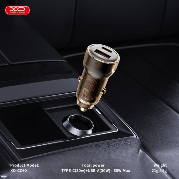 Imagine Incarcator auto USB-A + USB-C 60W Maro, XO CC60