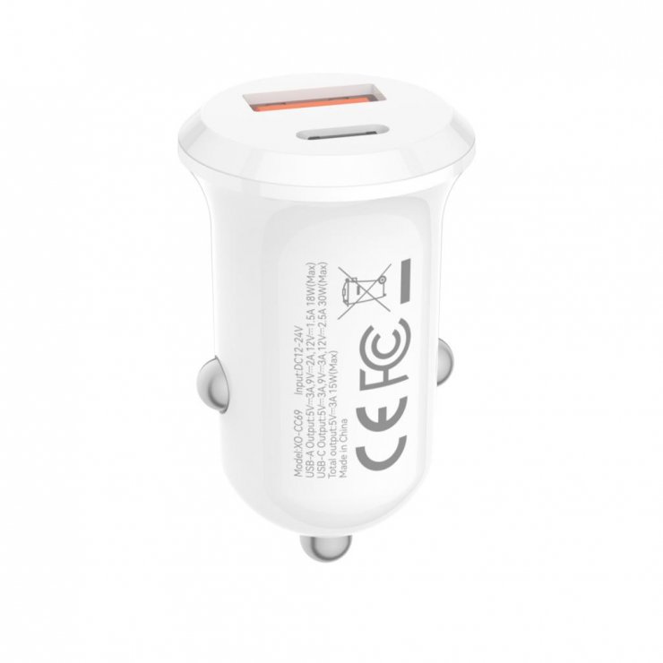 Imagine Incarcator auto USB-A + USB-C 30W + cablu USB type C Alb, XO CC69