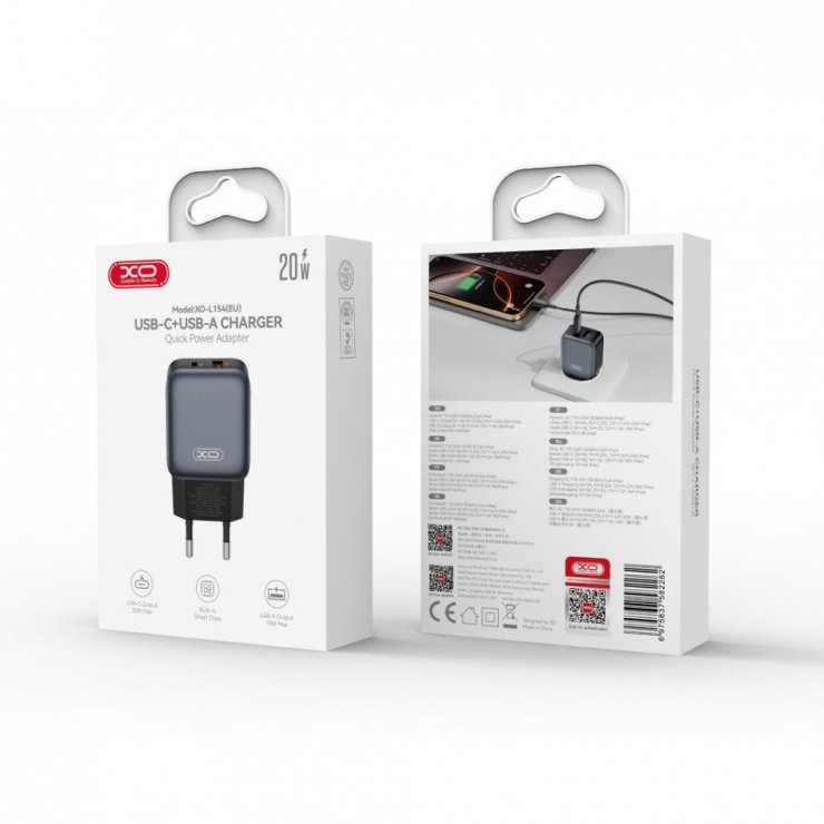 Imagine Incarcator priza USB-A + USB-C 20W Negru, XO L154