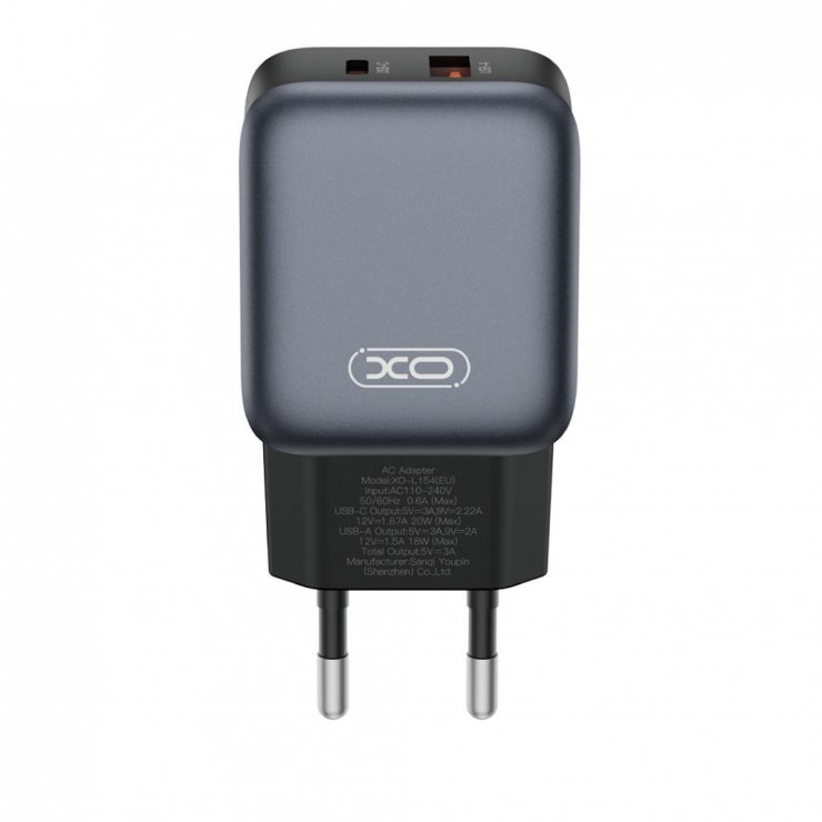 Imagine Incarcator priza USB-A + USB-C 20W Negru, XO L154