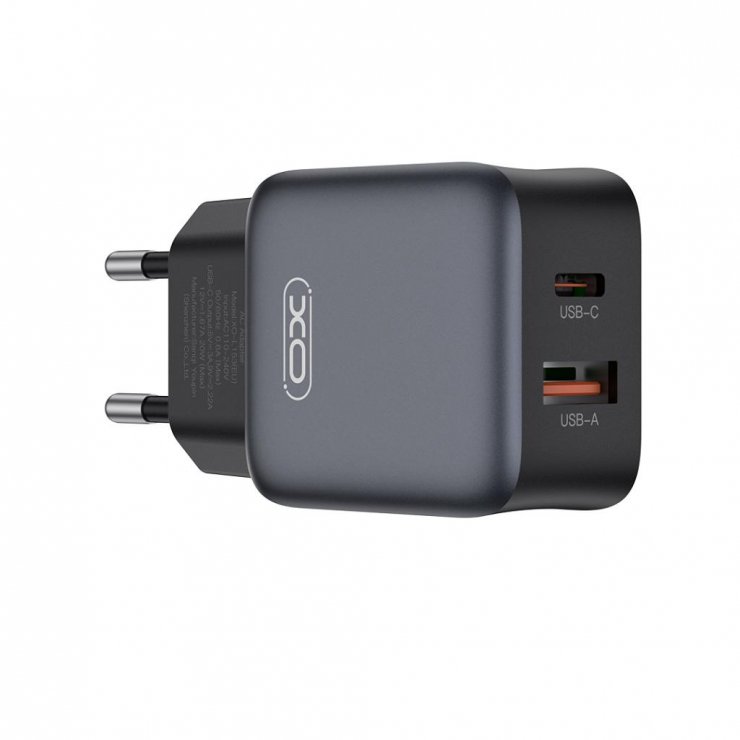 Imagine Incarcator priza USB-A + USB-C 30W + cablu USB type C GaN Nitride Negru, XO L156-CC