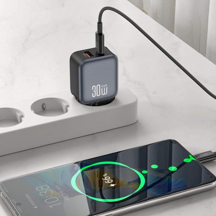 Imagine Incarcator priza USB-A + USB-C 30W + cablu USB type C GaN Nitride Negru, XO L156-CC