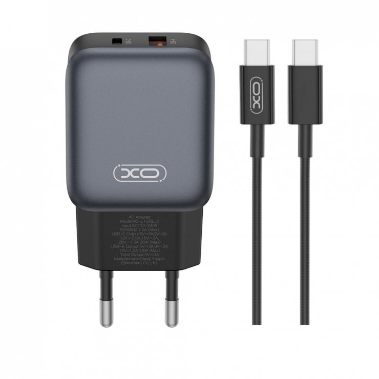 Imagine Incarcator priza USB-A + USB-C 30W + cablu USB type C GaN Nitride Negru, XO L156-CC