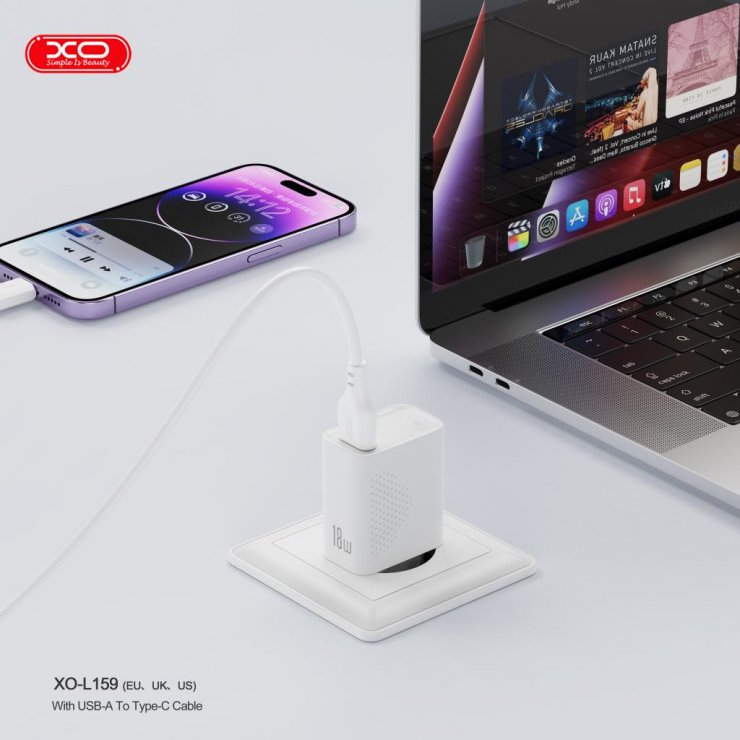 Imagine Incarcator priza USB-A 18W + cablu USB-C Alb, XO L159