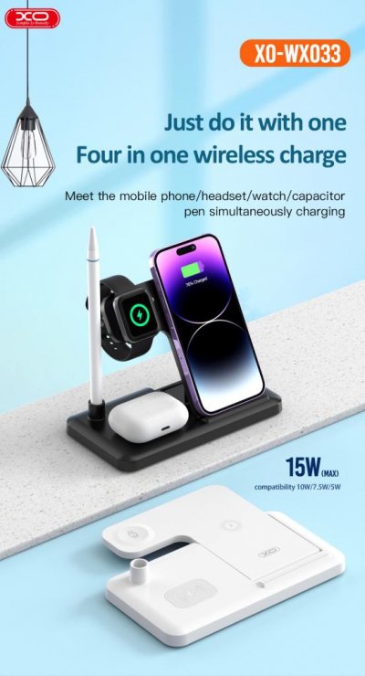 Imagine Stand/incarcator Wireless 15W pentru smartphone/watch/pencil/TWS Negru, XO WX033
