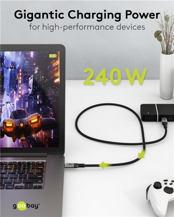 Imagine Cablu USB type C 240W 5A 80Gbits 16K60Hz/4K120Hz 1.5m brodat Negru, Goobay G74776