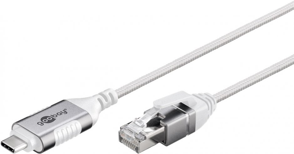 Imagine Cablu de retea USB type C la RJ45 Gigabit Cat.6 Slim 1m brodat Alb, Goobay G74385