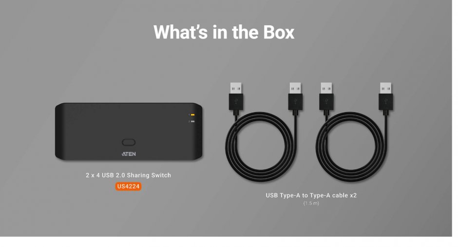 Imagine Sharing switch 2 x 4 USB 2.0 cu alimentare USB-C, ATEN US4224