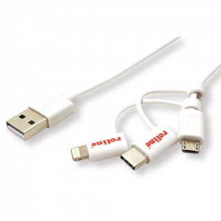 Cablu de date si incarcare USB la USB-C + micro USB-B + Lightning 1m Alb, Roline 11.02.8329 