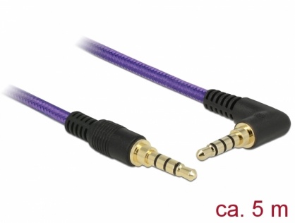 Cablu stereo jack 3.5mm 4 pini (pentru smartphone cu husa) unghi Mov T-T 5m, Delock 85620