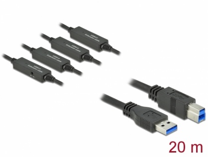 Cablu USB 3.2 Gen 1-A la USB-B activ T-T 20m Negru, Delock 85382