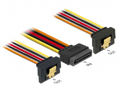 Cablu alimentare SATA 15 pini la 2 x SATA clips metalic unghi T-M 30cm, Delock 60159