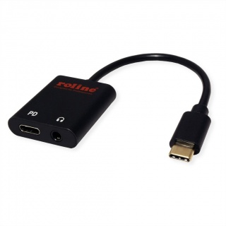 Adaptor USB-C la 1 x jack stereo 3.5mm + 1 x USB-C PD T-M 0.13m Negru, Roline 12.03.3222