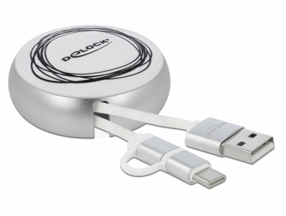 Cablu de date si incarcare USB 2.0 la micro USB-B + USB-C Alb/Argintiu, Delock 85821