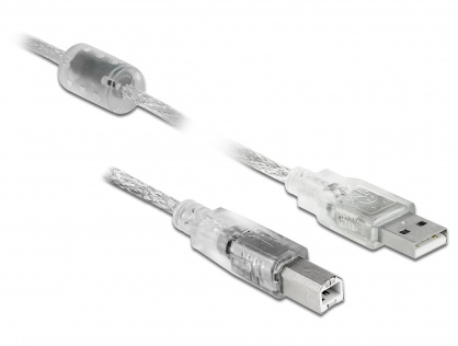 Cablu USB 2.0 tip A-B cu ferita 2m transparent, Delock 83894