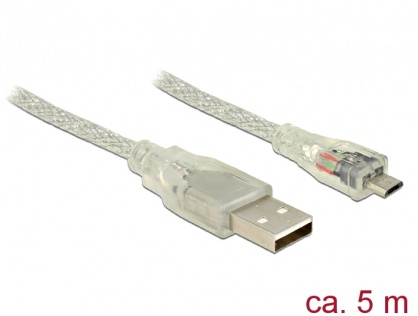 Cablu USB la micro USB-B 2.0 T-T 5m transparent, Delock 83903