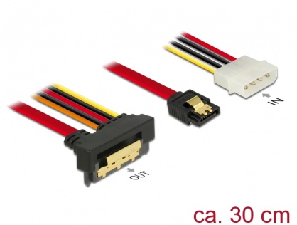Cablu de date + alimentare SATA 22 pini 6 Gb/s cu clips la Molex 4 pini + SATA 7 pini unghi jos/drept 30cm, Delock 85231