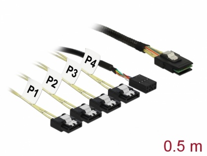 Cablu Mini SAS SFF-8087 > 4 x SATA 7 pin Reverse + Sideband 0.5m, Delock 83318