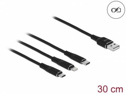 Cablu de incarcare USB-A la Lightning / Micro USB / USB Type C 0.3m Negru, Delock 87152