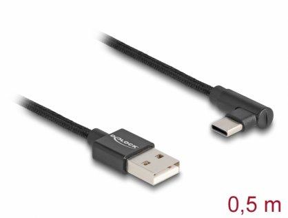 Cablu USB 2.0-A la USB type C unghi T-T 0.5m brodat Negru, Delock 80029