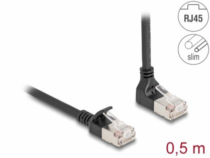 Cablu de retea RJ45 Cat.6A S/FTP Slim unghi 90 grade sus/drept 0.5m Negru, Delock 80286