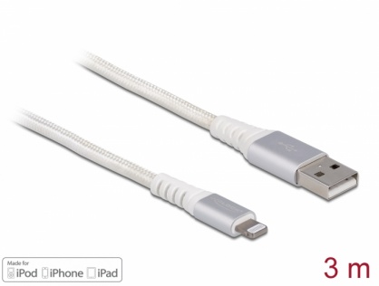 Cablu date + incarcare USB la Apple Lightning MFI 3m Alb, Delock 83003