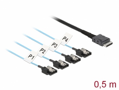 Cablu OCuLink SFF-8611 la 4 x SATA 7 pini 0.5m metal, Delock 85468