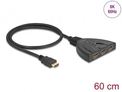 Switch HDMI cu 3 porturi 8K60Hz/4K144Hz + cablu integrat 60cm, Delock 18649