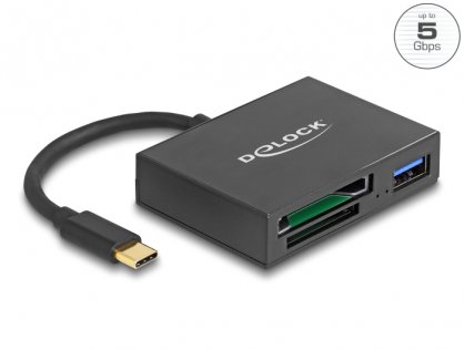 Cititor de carduri USB type C pentru carduri de memorie XQD / SD + USB-A, Delock 91711