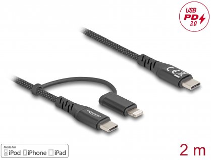 Cablu 2 in 1 USB Type C la USB Type-C / Lightning iPhone/iPad MFi 60W 2m, Delock 81171