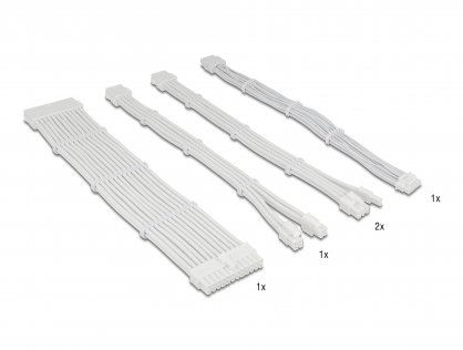 Set 5 prelungitoare alimentare PSU 24 pini ATX/12+4 pini 12VHPWR PCIe 5.0/4+4 pini EPS/2x 6+2 pini PCIe brodat Alb 30cm, Delock 84542