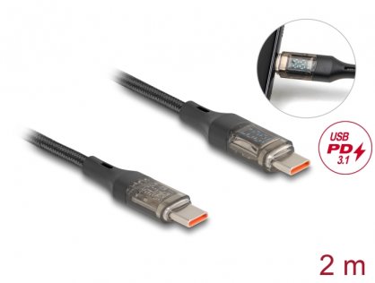 Cablu USB 2.0 type C Fast Charging PD3.0/100W cu afisaj 2m Transparent, Delock 85409