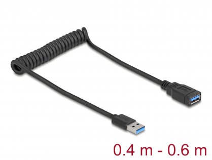 Cablu prelungitor spiralat USB 3.2 T-M max 0.6m Negru, Delock 90367