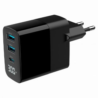 Incarcator priza 2 x USB-A + USB type C 30W GaN cu LCD Negru, Gembird TA-UC-PDQC30LCD-BK-01