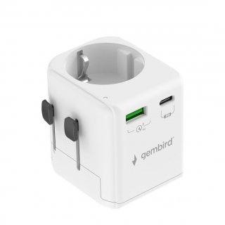 Adaptor Schuko la universal US/UK/CN/AU + USB-A + USB-C 20W, Gembird TPA-EU1A1C20-01-W