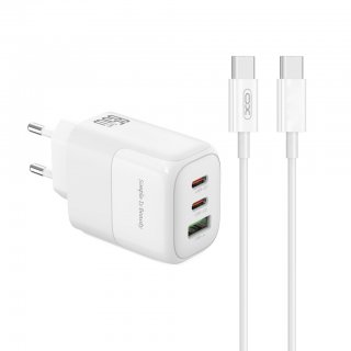 Incarcator priza USB-A + 2 x USB-C 65W + cablu USB C-C GaN Nitride Alb, XO L139
