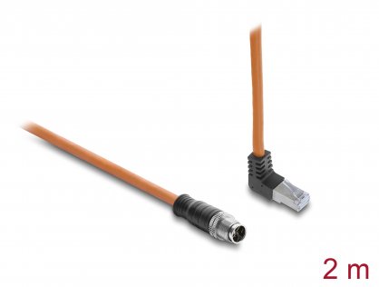 Cablu de retea M12 X-coded 8 pini la RJ45 S/FTP drept/unghi sus 2m Portocaliu, Delock 81000