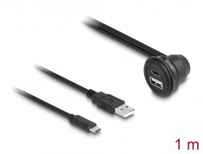 Cablu prelungitor USB type C + USB-A T-M 1m Negru montare masa/carcasa/auto, Delock 88103