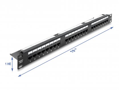 Patch panel 24 porturi Cat.6 19" 1U cu LED Negru, Delock 91087
