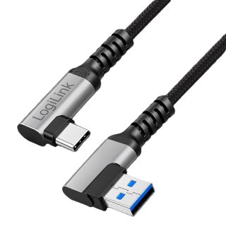 Cablu USB-A 3.0 la USB type C T-T unghi/unghi 90 grade 60W 1.5m brodat Negru, Logilink CU0472